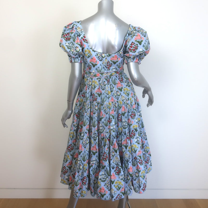 Agua by Agua Bendita Palmera Floral Puff Sleeve Midi Dress Blue Size Small NEW