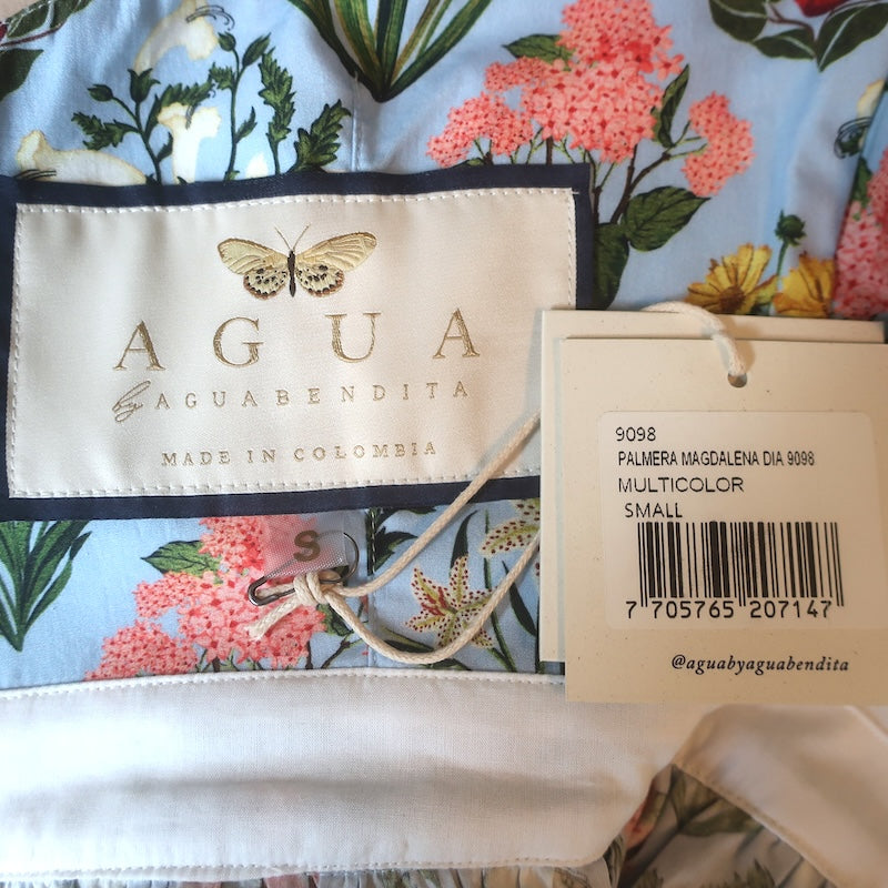 Agua by Agua Bendita Palmera Floral Puff Sleeve Midi Dress Blue Size Small NEW