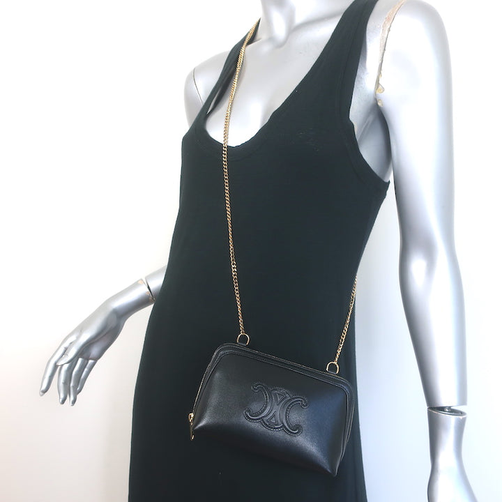 Celine Cuir Triomphe Clutch on Chain Black Leather Crossbody