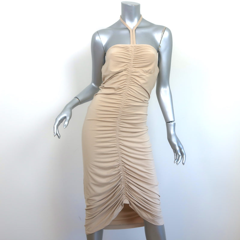 Ronny Kobo Halter Midi Dress Darlene Beige Ruched Stretch Jersey Size Small Ronny Kobo Halter Midi Dress Darlene Beige Ruched Stretch Jersey Size Small