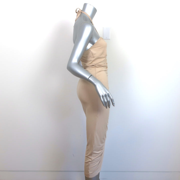 Ronny Kobo Halter Midi Dress Darlene Beige Ruched Stretch Jersey Size Small