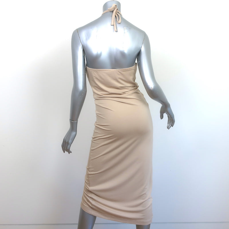 Ronny Kobo Halter Midi Dress Darlene Beige Ruched Stretch Jersey Size Small