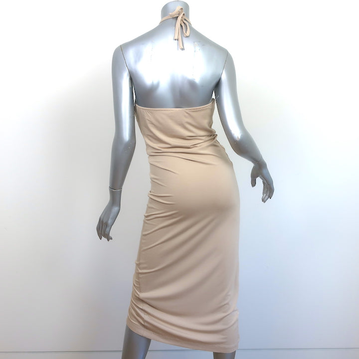 Ronny Kobo Halter Midi Dress Darlene Beige Ruched Stretch Jersey Size Small