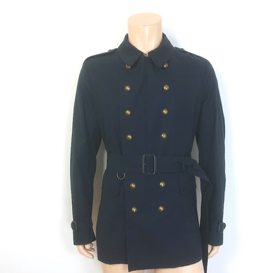 Burberry Short Trench Coat Navy Cotton Size 52R Snap-Front Belted Jacket