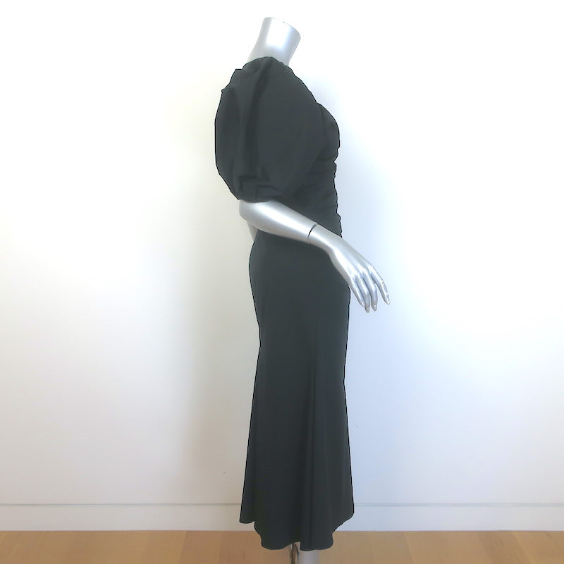 Carolina Herrera Puff Sleeve Ruched Midi Dress Black Stretch Cotton Size 8