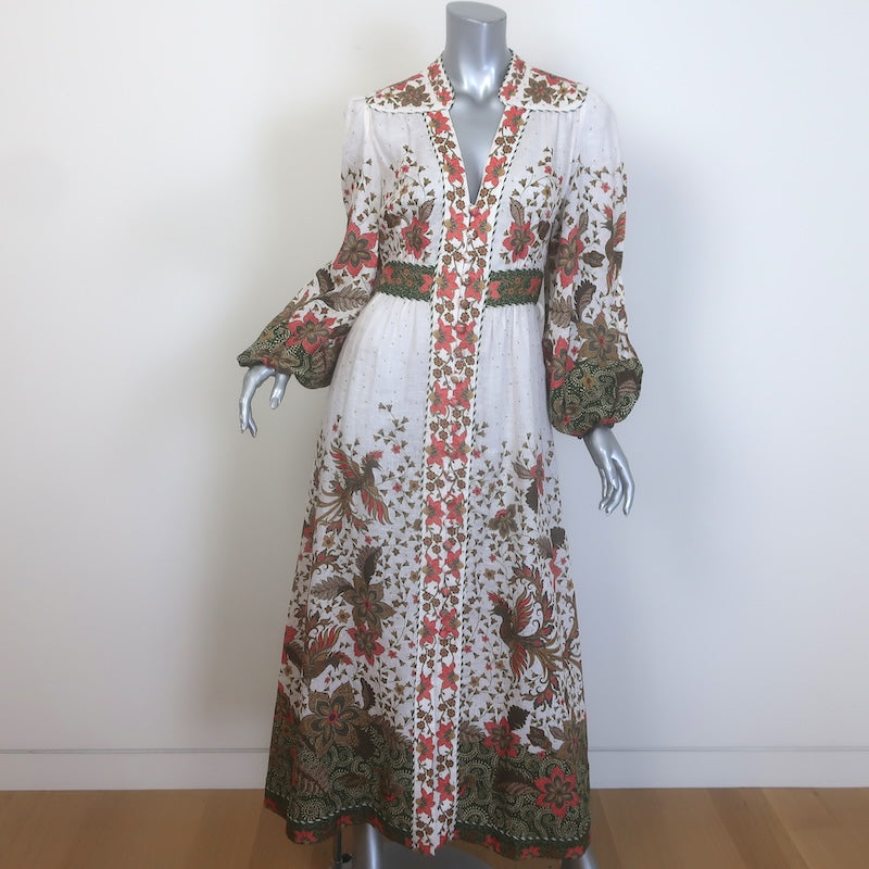 Zimmermann Empire Batik Belted Maxi Dress Cream Floral Print Linen Size 2