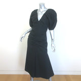 Carolina Herrera Puff Sleeve Ruched Midi Dress Black Stretch Cotton Size 8