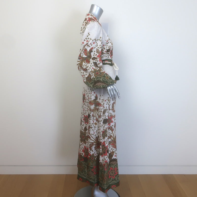 Zimmermann Empire Batik Belted Maxi Dress Cream Floral Print Linen Size 2
