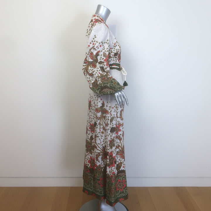 Zimmermann Empire Batik Belted Maxi Dress Cream Floral Print Linen Size 2
