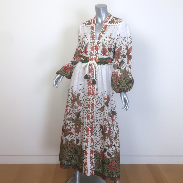 Zimmermann Empire Batik Belted Maxi Dress Cream Floral Print Linen Size 2