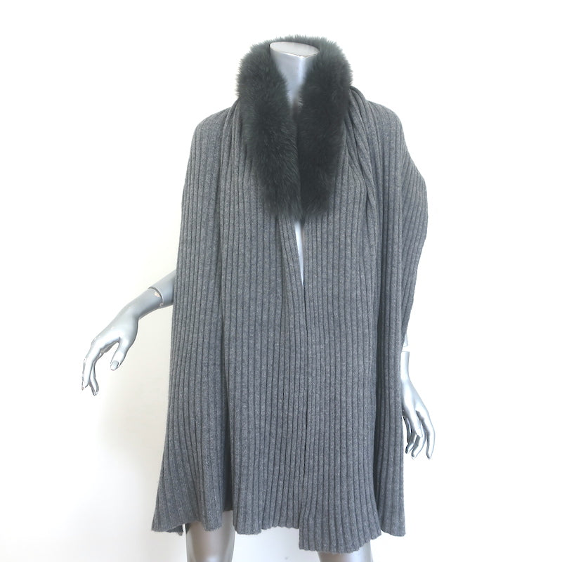 100% Cashmere Fox Fur-Collar Wrap Shawl Gray Ribbed Knit