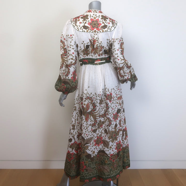 Zimmermann Empire Batik Belted Maxi Dress Cream Floral Print Linen Size 2