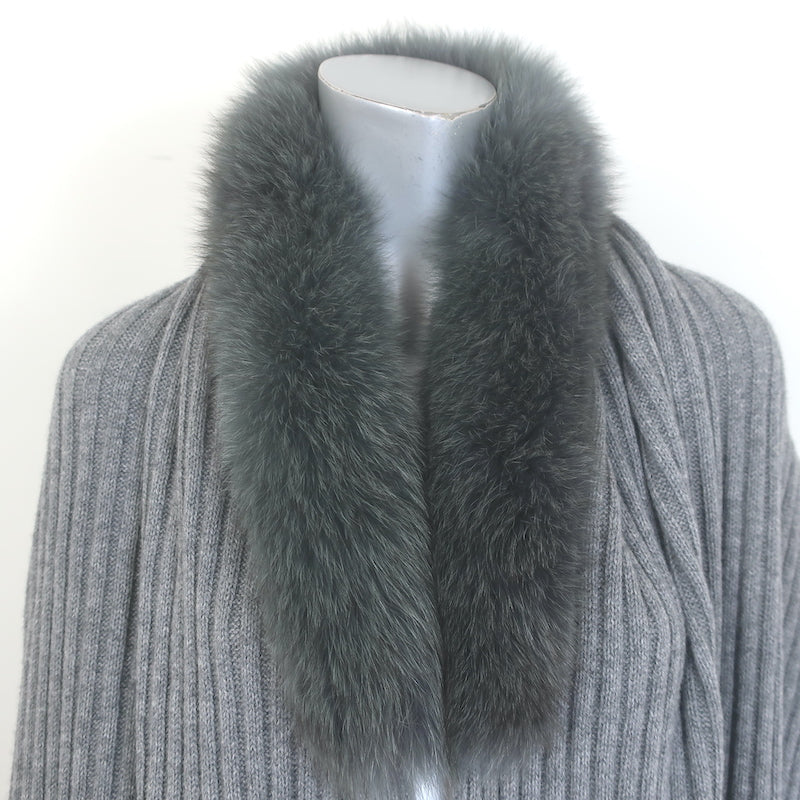100% Cashmere Fox Fur-Collar Wrap Shawl Gray Ribbed Knit