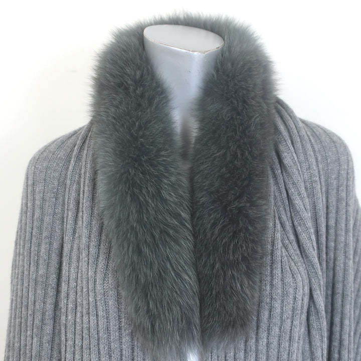 100% Cashmere Fox Fur-Collar Wrap Shawl Gray Ribbed Knit