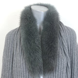 100% Cashmere Fox Fur-Collar Wrap Shawl Gray Ribbed Knit