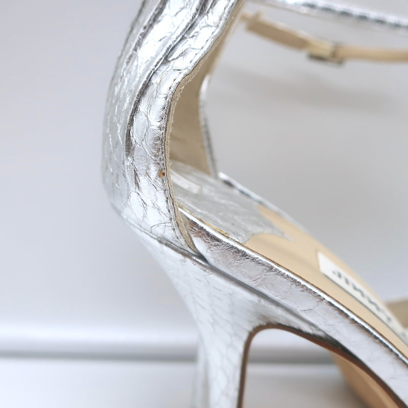 Jimmy Choo Twisted Strap Platform Sandals Silver Snakeskin Size 38.5