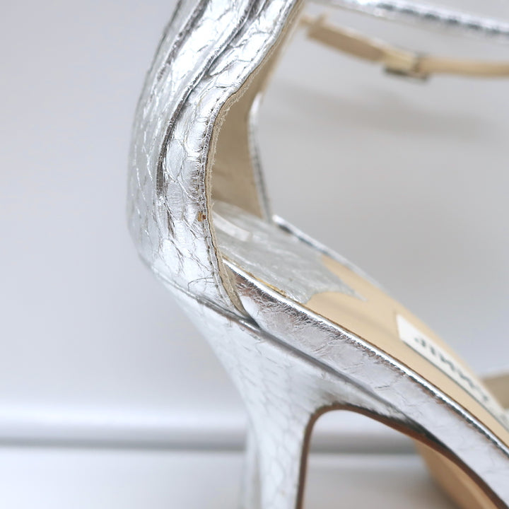 Jimmy Choo Twisted Strap Platform Sandals Silver Snakeskin Size 38.5