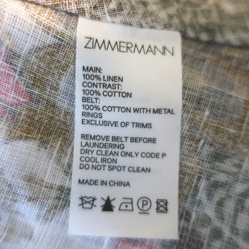 Zimmermann Empire Batik Belted Maxi Dress Cream Floral Print Linen Size 2