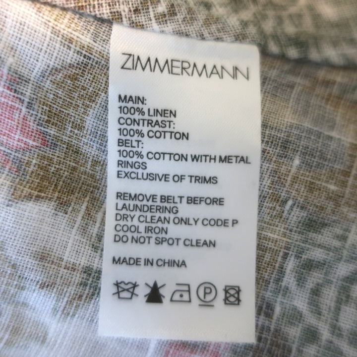 Zimmermann Empire Batik Belted Maxi Dress Cream Floral Print Linen Size 2