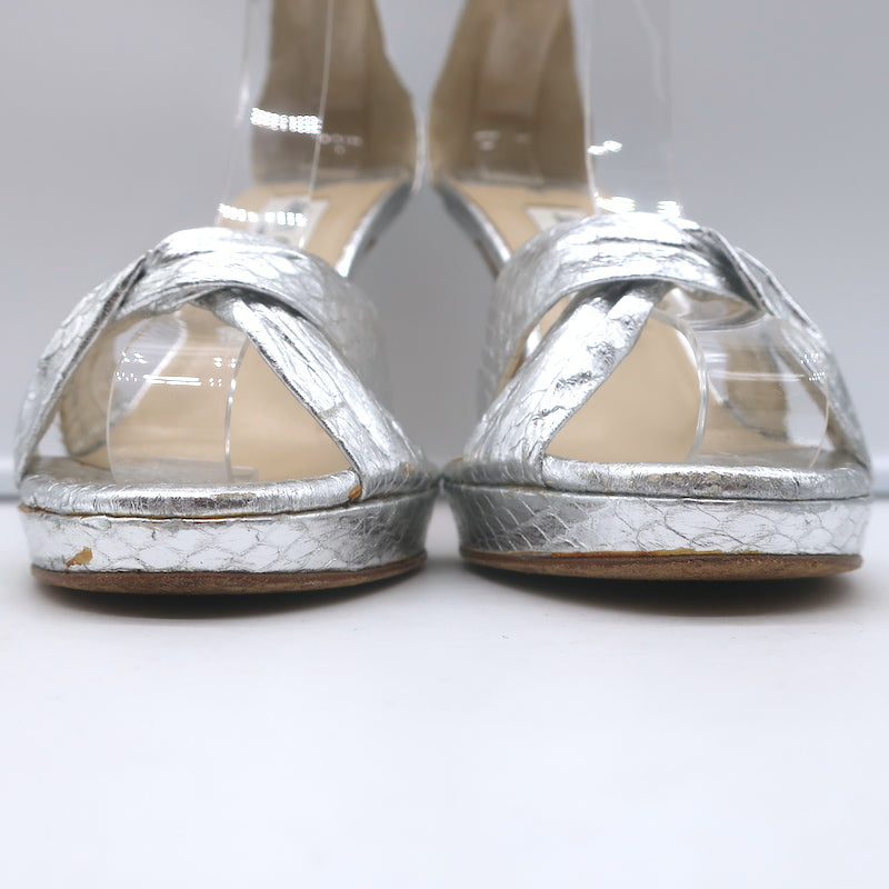 Jimmy Choo Twisted Strap Platform Sandals Silver Snakeskin Size 38.5