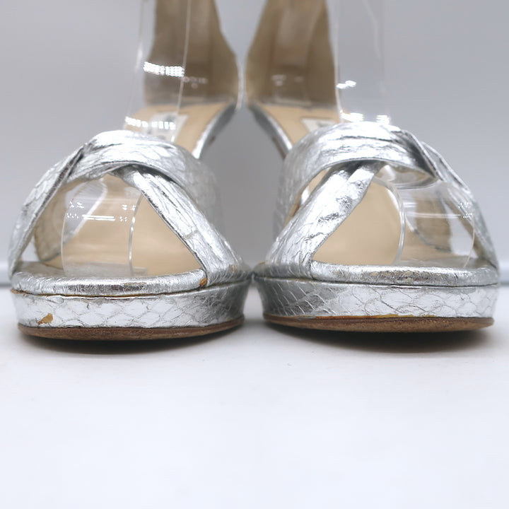 Jimmy Choo Twisted Strap Platform Sandals Silver Snakeskin Size 38.5