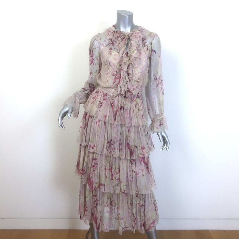 Zimmermann Winsome Tiered Midi Dress Light Pink Floral Crinkled Chiffon Size 1