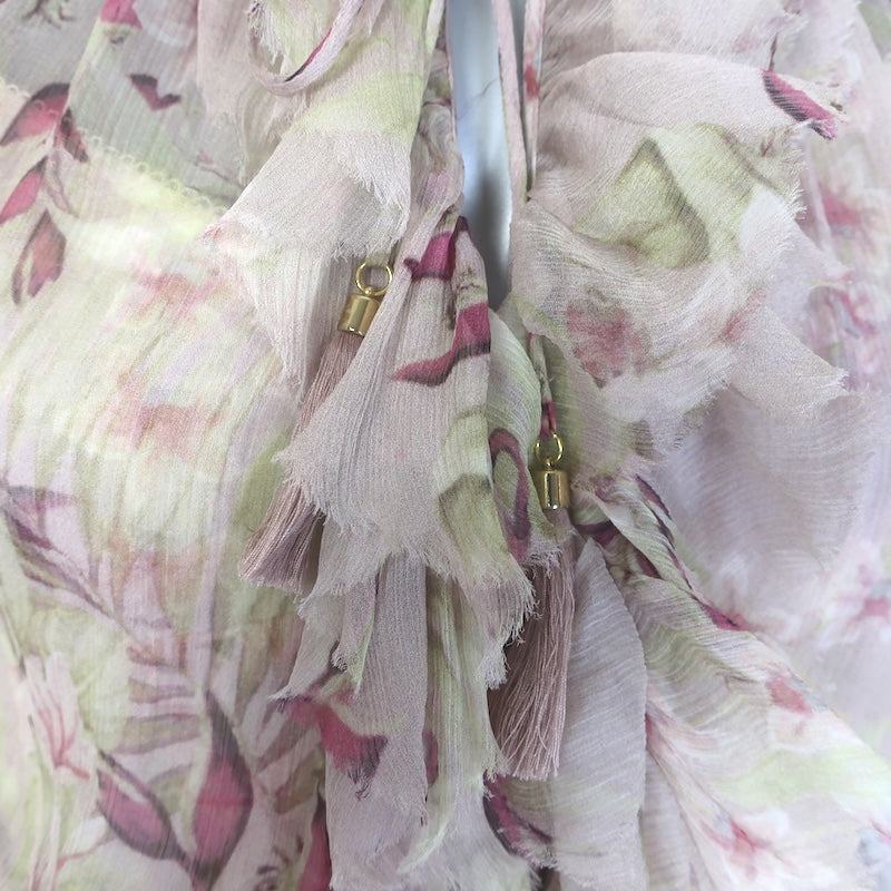Zimmermann Winsome Tiered Midi Dress Light Pink Floral Crinkled Chiffon Size 1