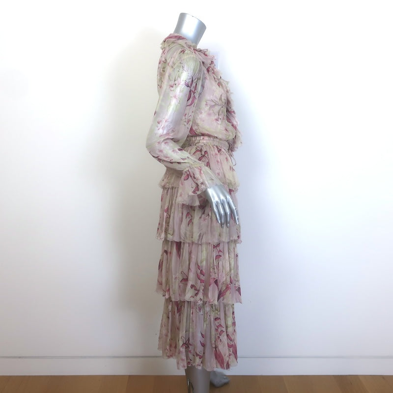 Zimmermann Winsome Tiered Midi Dress Light Pink Floral Crinkled Chiffon Size 1