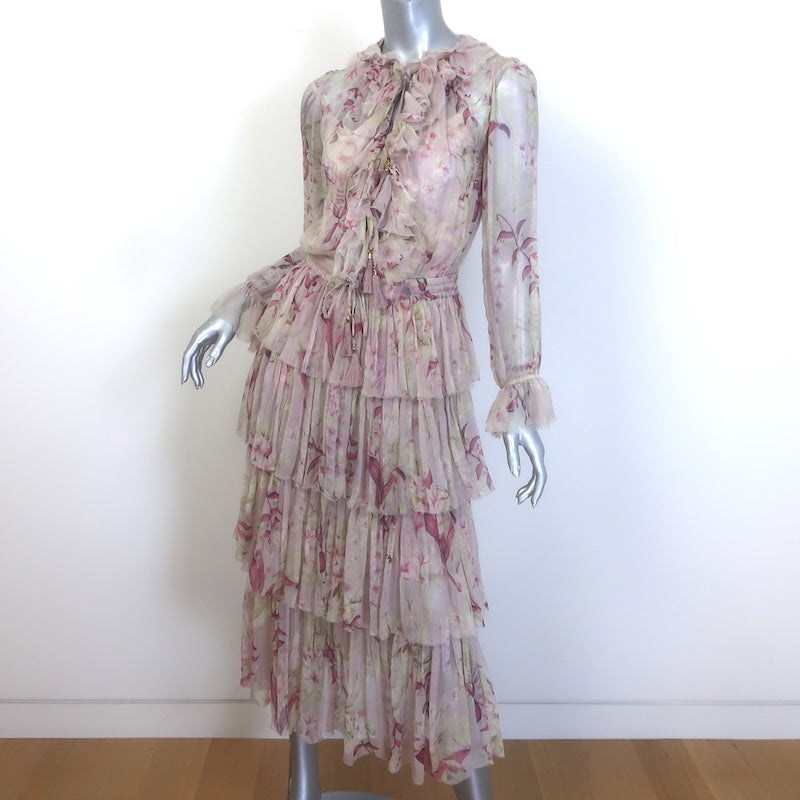 Zimmermann Winsome Tiered Midi Dress Light Pink Floral Crinkled Chiffon Size 1