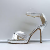Jimmy Choo Twisted Strap Platform Sandals Silver Snakeskin Size 38.5