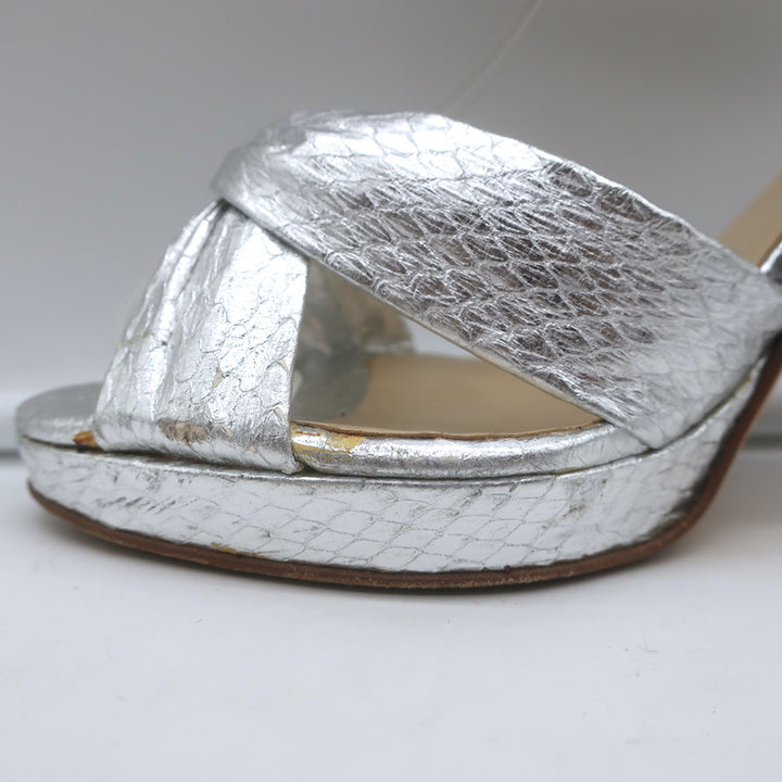 Jimmy Choo Twisted Strap Platform Sandals Silver Snakeskin Size 38.5