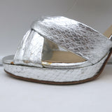 Jimmy Choo Twisted Strap Platform Sandals Silver Snakeskin Size 38.5