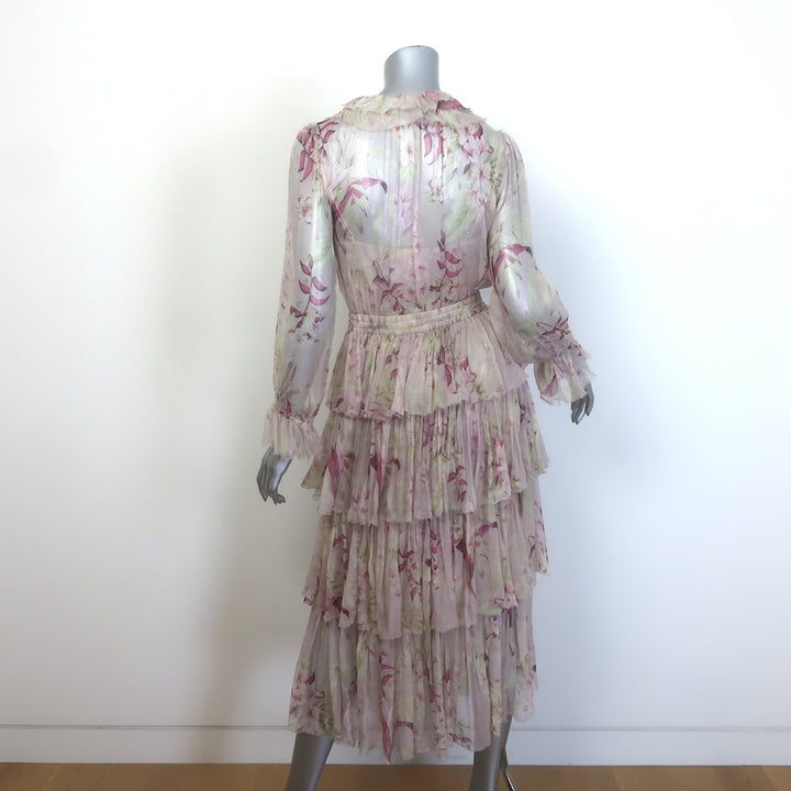 Zimmermann Winsome Tiered Midi Dress Light Pink Floral Crinkled Chiffon Size 1