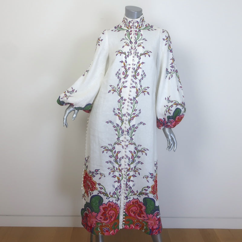 Zimmermann The Lovestruck Belted Buttoned Midi Dress Cream Linen Size 0