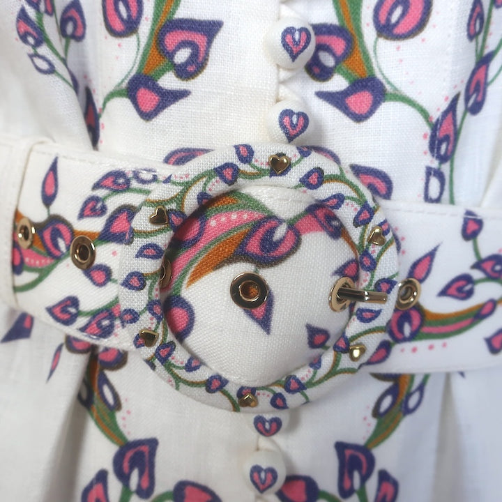 Zimmermann The Lovestruck Belted Buttoned Midi Dress Cream Linen Size 0