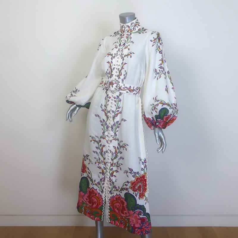 Zimmermann The Lovestruck Belted Buttoned Midi Dress Cream Linen Size 0