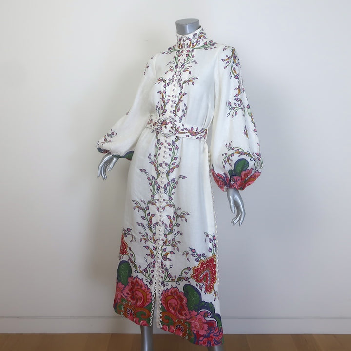 Zimmermann The Lovestruck Belted Buttoned Midi Dress Cream Linen Size 0