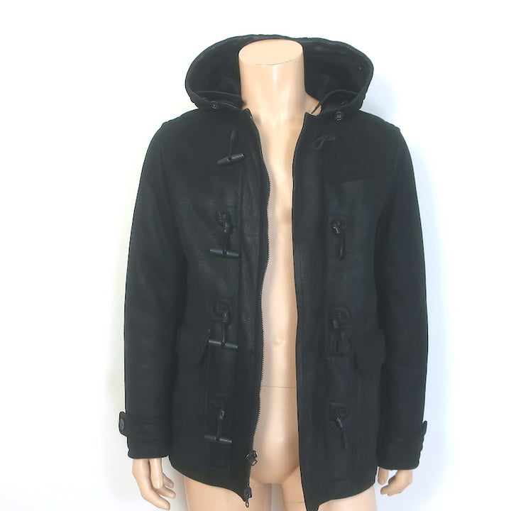Theory Shearling-Lined Hooded Duffle Coat Black Sheepskin Size Medium