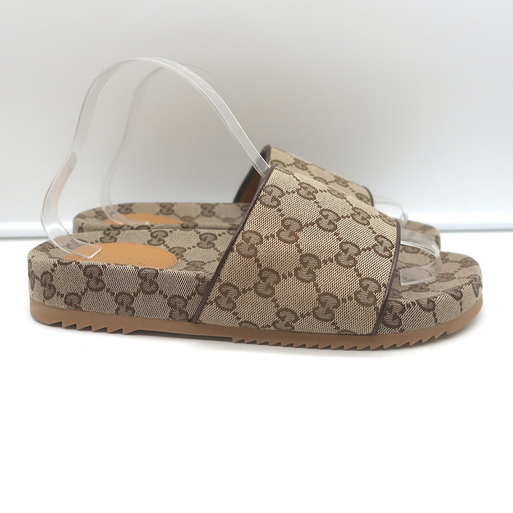Gucci GG Supreme Slide Sandals Beige Monogram Canvas Size 7