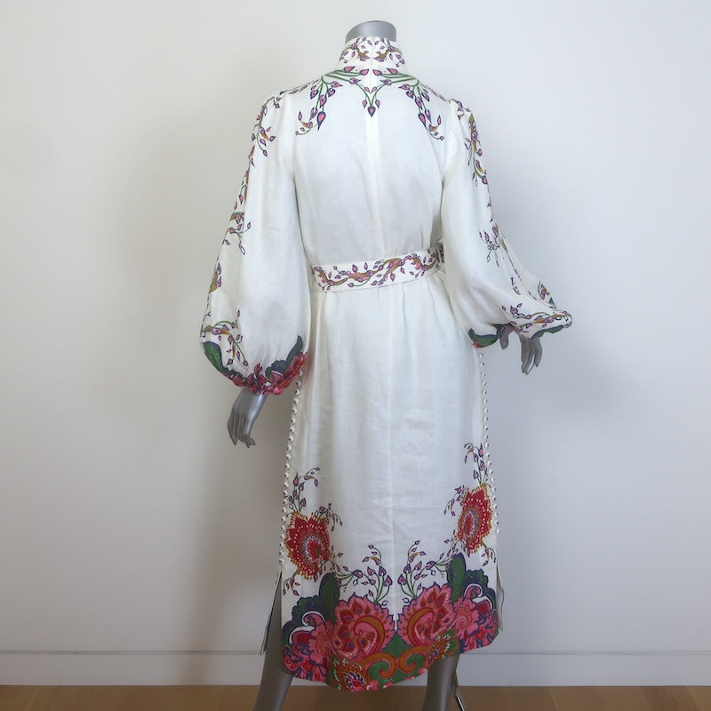 Zimmermann The Lovestruck Belted Buttoned Midi Dress Cream Linen Size 0