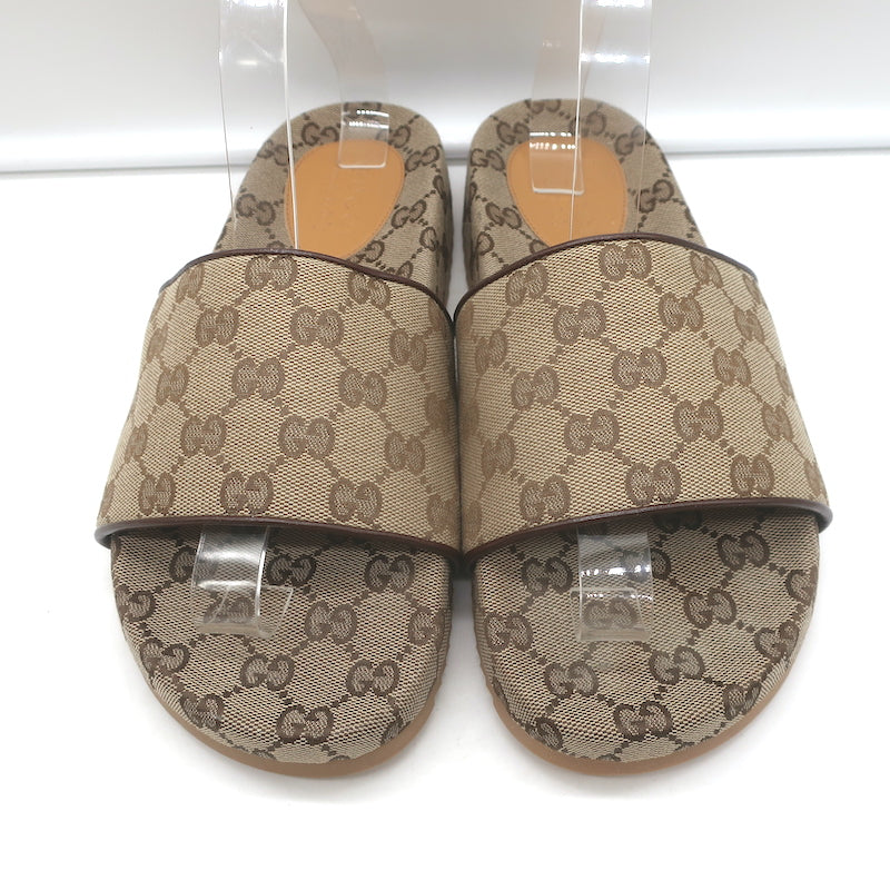 Gucci GG Supreme Slide Sandals Beige Monogram Canvas Size 7