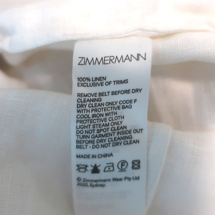Zimmermann The Lovestruck Belted Buttoned Midi Dress Cream Linen Size 0