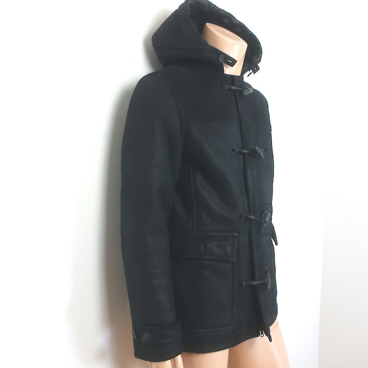 Theory Shearling-Lined Hooded Duffle Coat Black Sheepskin Size Medium