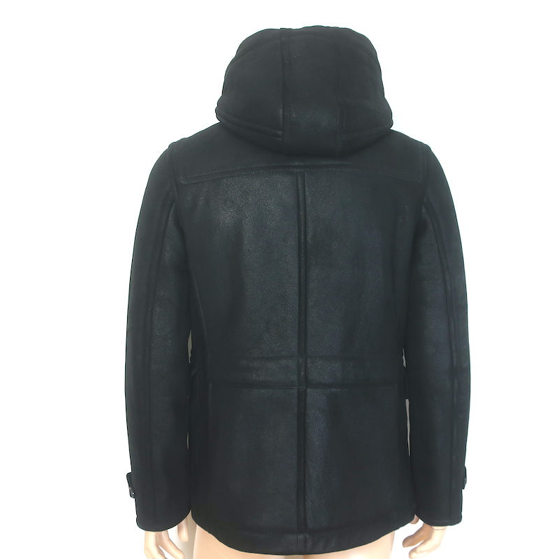 Theory Shearling-Lined Hooded Duffle Coat Black Sheepskin Size Medium