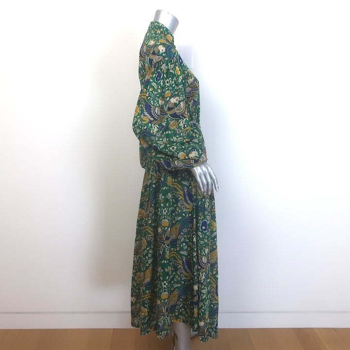 Zimmermann Edie Balloon-Sleeve Belted Maxi Dress Green Peacock Print Size 1