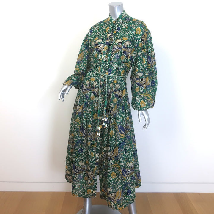 Zimmermann Edie Balloon-Sleeve Belted Maxi Dress Green Peacock Print Size 1