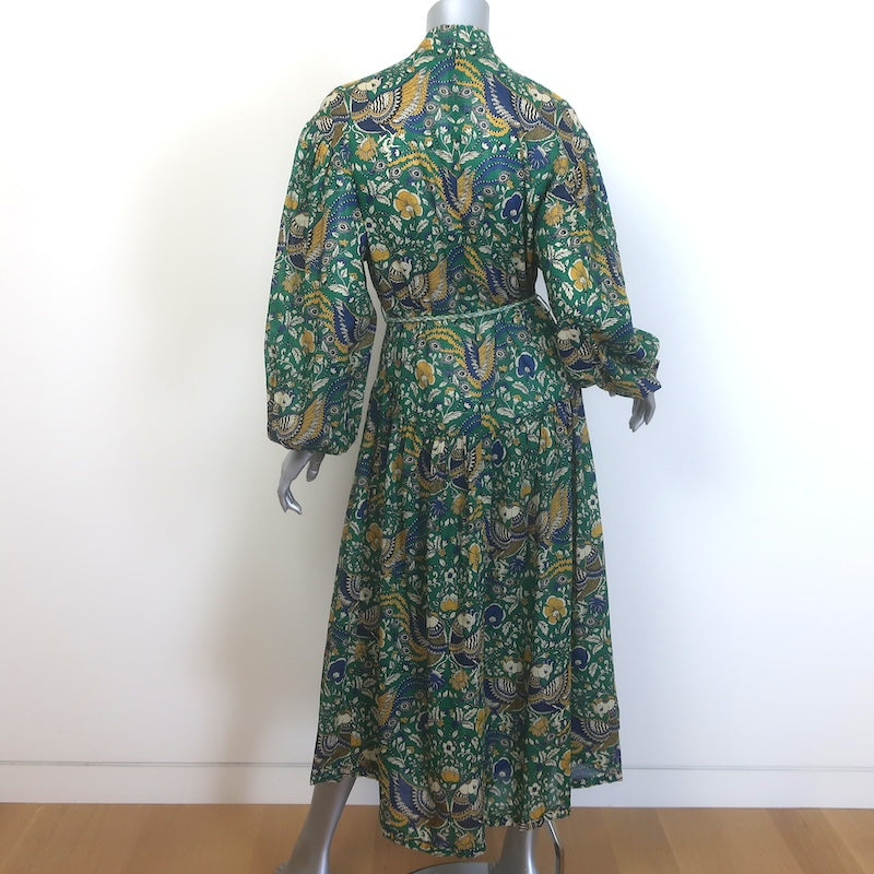 Zimmermann Edie Balloon-Sleeve Belted Maxi Dress Green Peacock Print Size 1