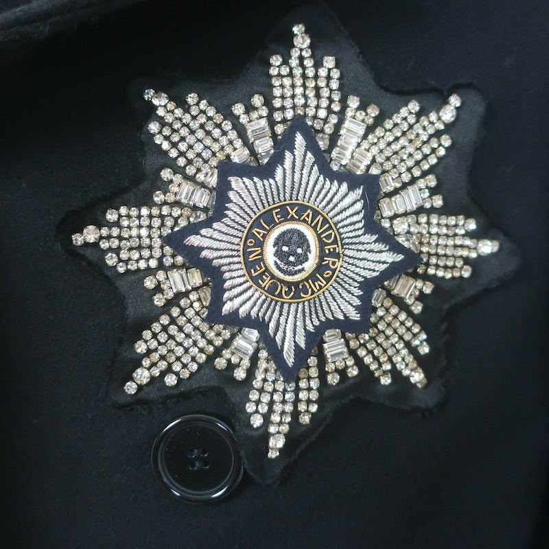 Alexander McQueen Embroidered Patch Peacoat Black Wool-Cashmere Size 50