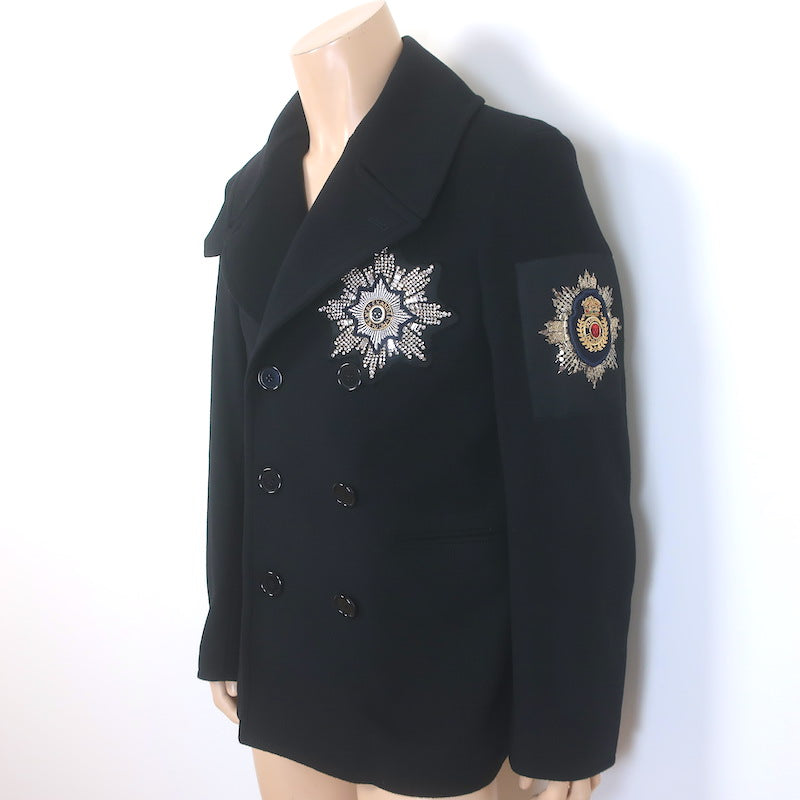Alexander McQueen Embroidered Patch Peacoat Black Wool-Cashmere Size 50