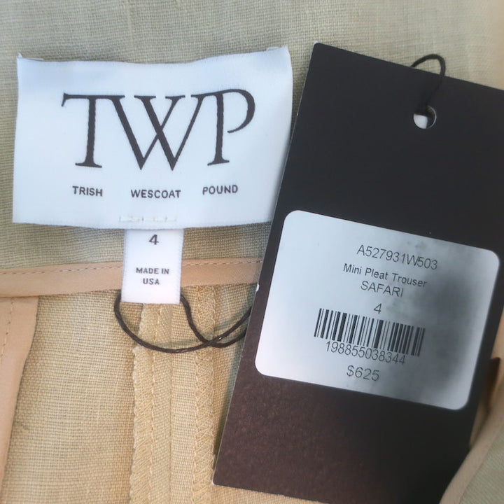 TWP Mini-Pleat High Rise Wide Leg Trousers Safari Beige Linen Size 4 NEW